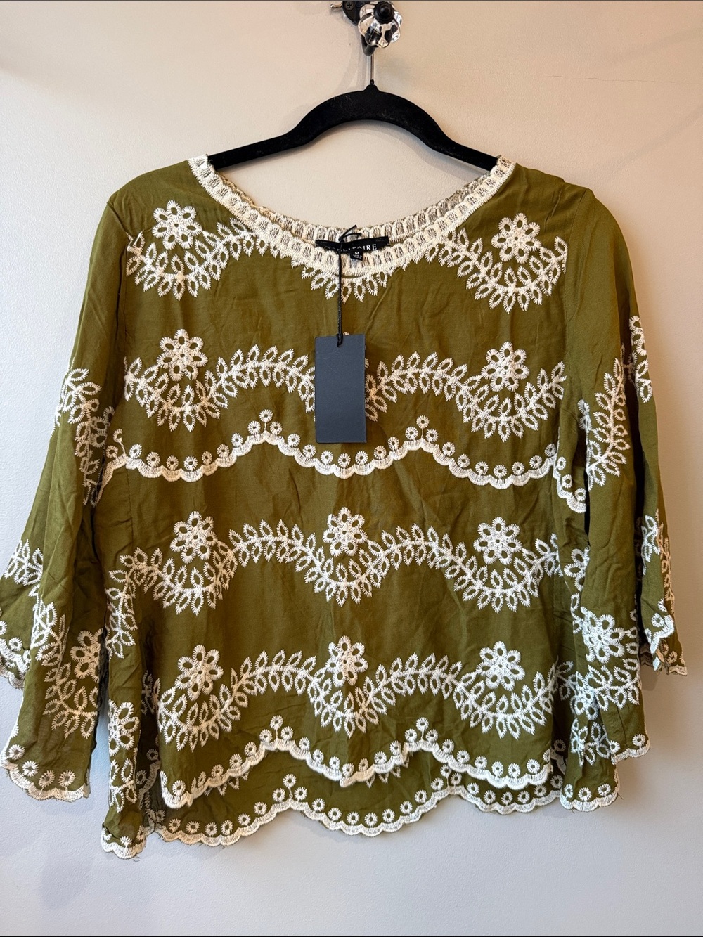 Solitaire Olive Green Top with White Embroidered Lace medium